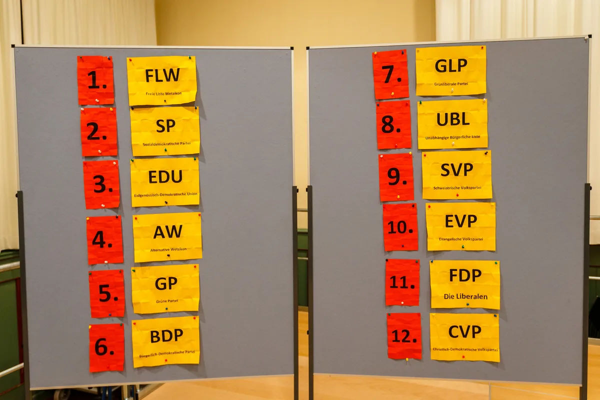An einer Tafel hängen zwölf Blätter mit Parteikürzeln.